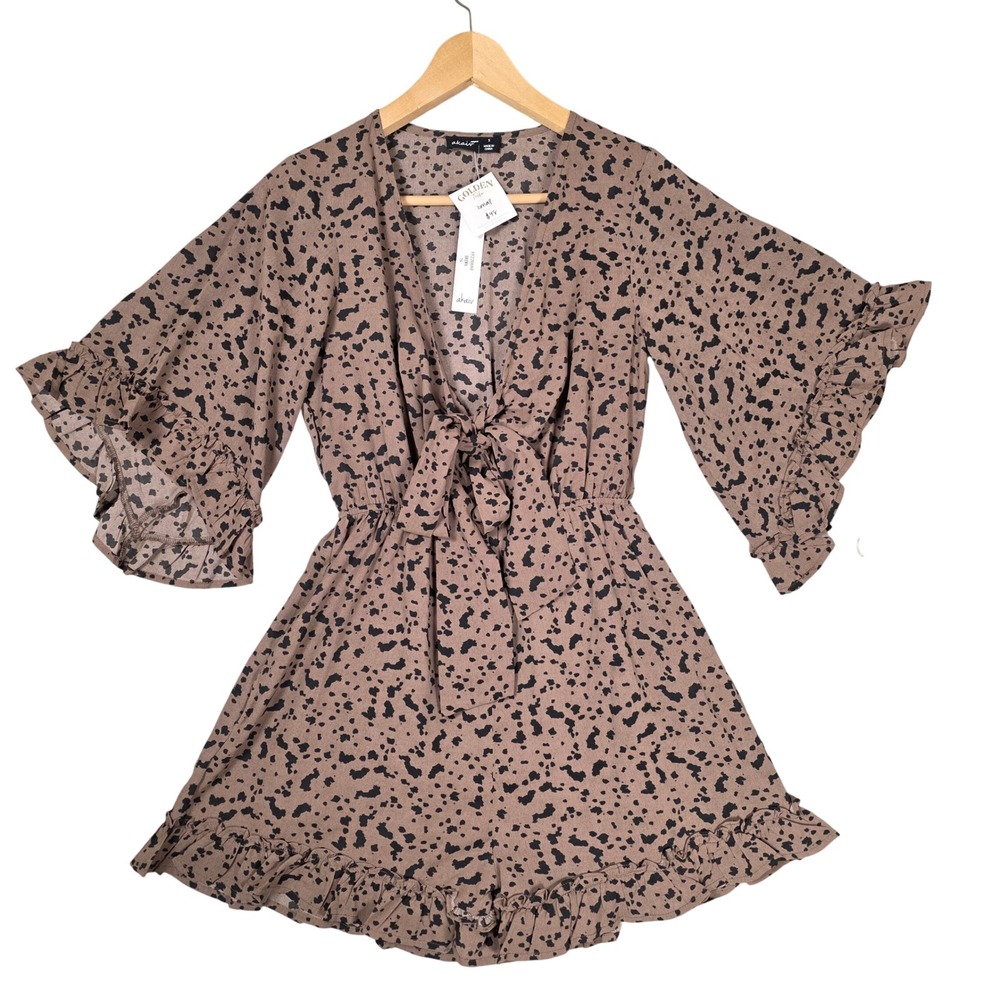 akaiv Abstract Animal Print Ruffle Tie Front Romper Womens S Western Cowgirl NWT